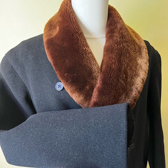 Vintage 1940s Simpson Piccadilly Wool Coat Double Breasted Faux Fur Shawl Collar - Picture 13 of 14